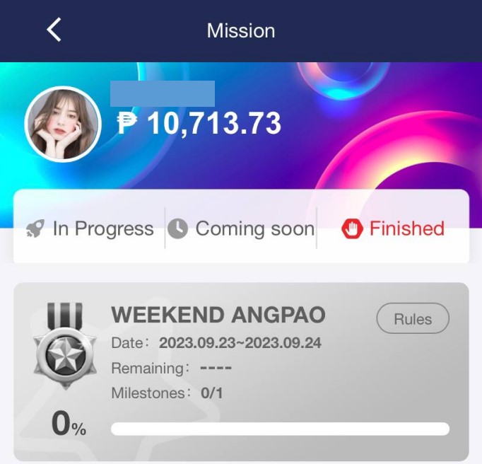 MNLWin account - mission page for weekend angpao promotion