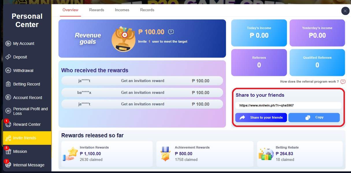 MNLwin invite friends personal center dashboard web banner